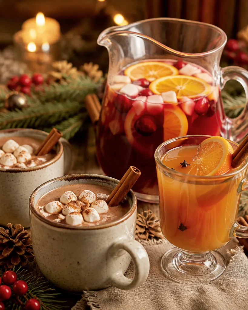 Bebidas navideñas del recetario: ponche de frutas, coquito exprés y sidra caliente con especias.