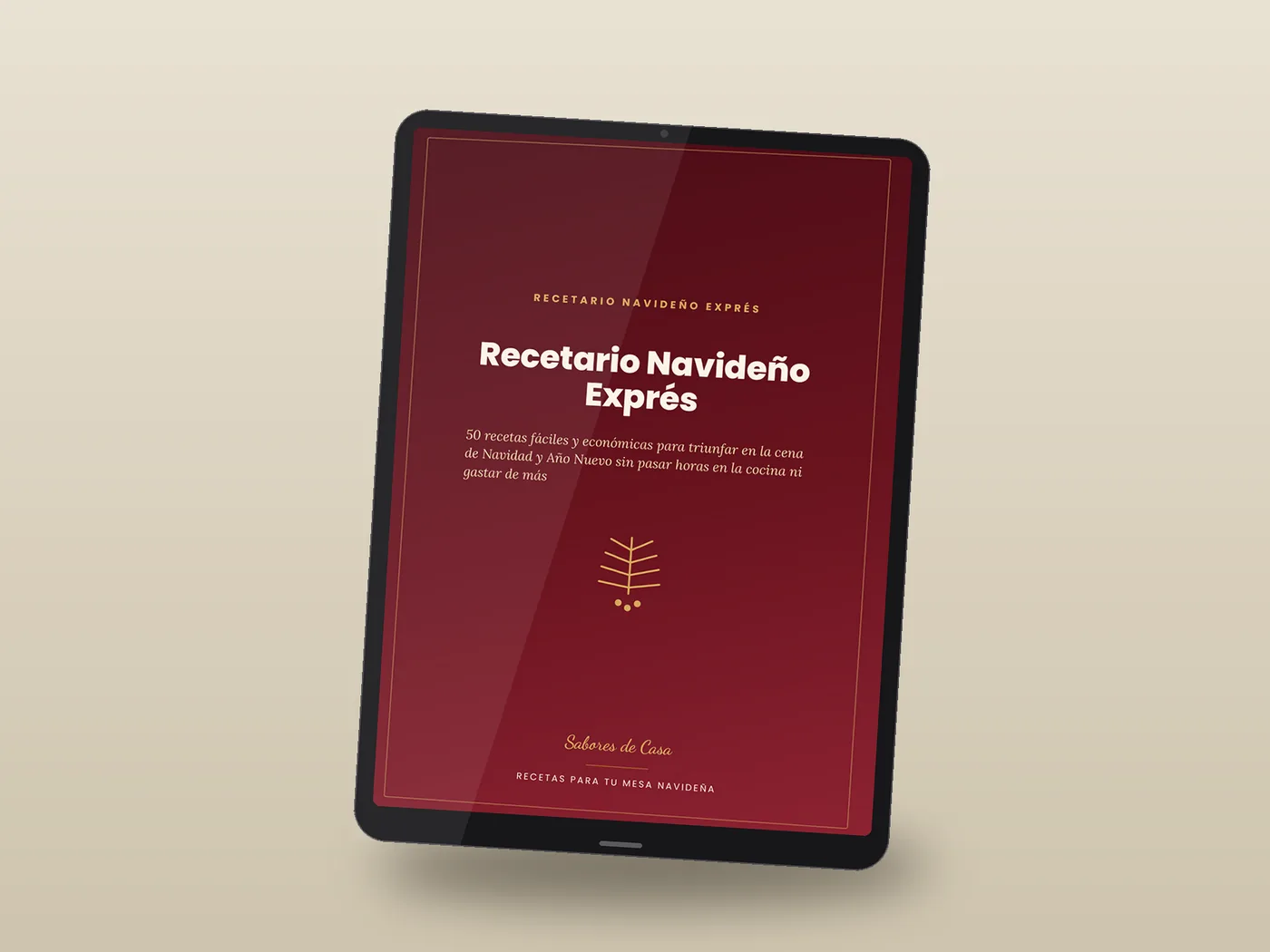Recetario Navideño Exprés Premium abierto en una tablet, mostrando una receta con foto.