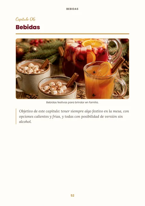 Pantalla de celular con el capítulo Bebidas del Recetario Navideño Exprés, con foto de bebidas navideñas calientes y frías.