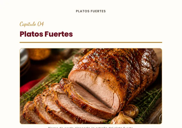 Pantalla de computadora con el capítulo Platos Fuertes del Recetario Navideño Exprés, con foto de la pierna de cerdo glaseada.