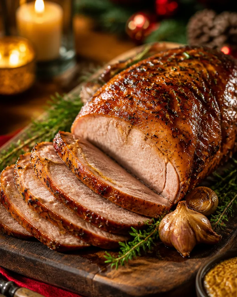 Platos fuertes navideños del recetario: pavo al horno, pierna de cerdo glaseada y bacalao.